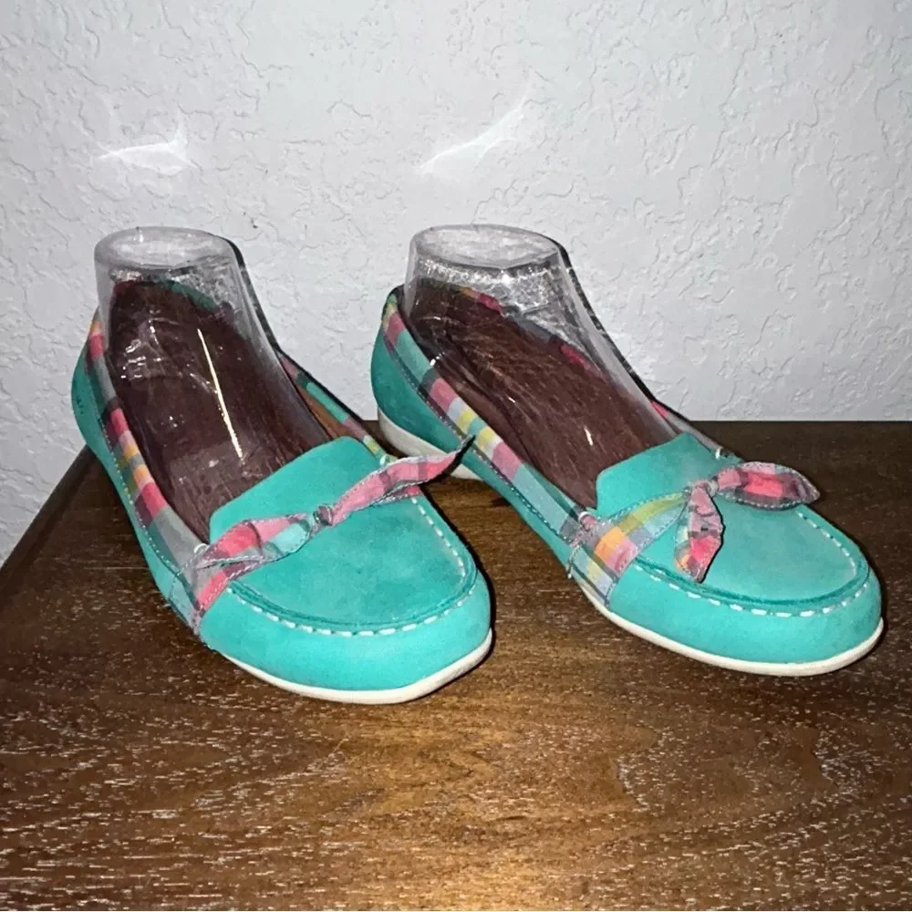 Sebago Felucca Dockside Bow Plaid Print Leather Slip On Loafer Boat Shoes